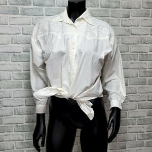 Vintage 90s Cotton Express Womens M White Button Front‎ L/S Tie Waist Lace Trim